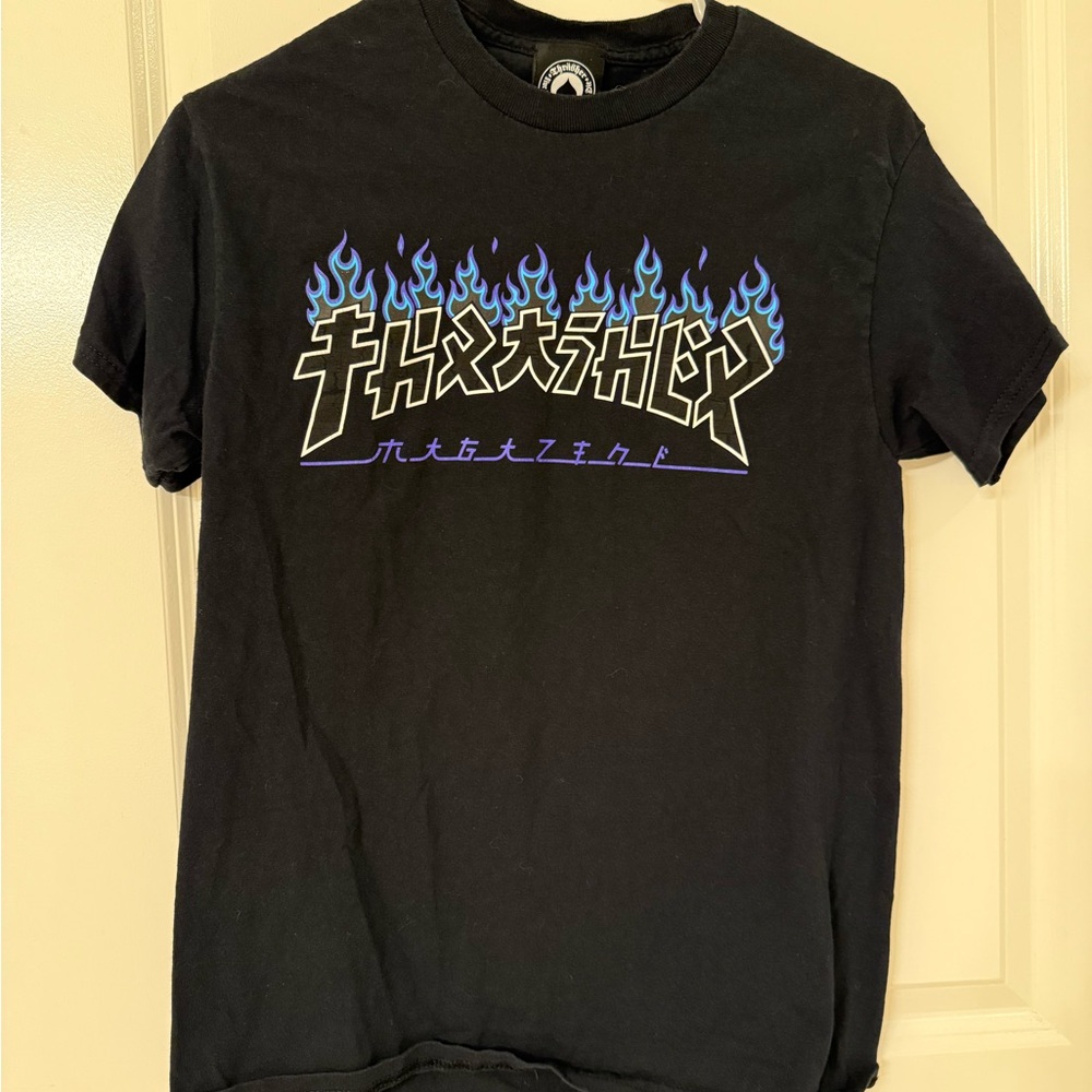 Thrasher Black Tee with Blue Flames